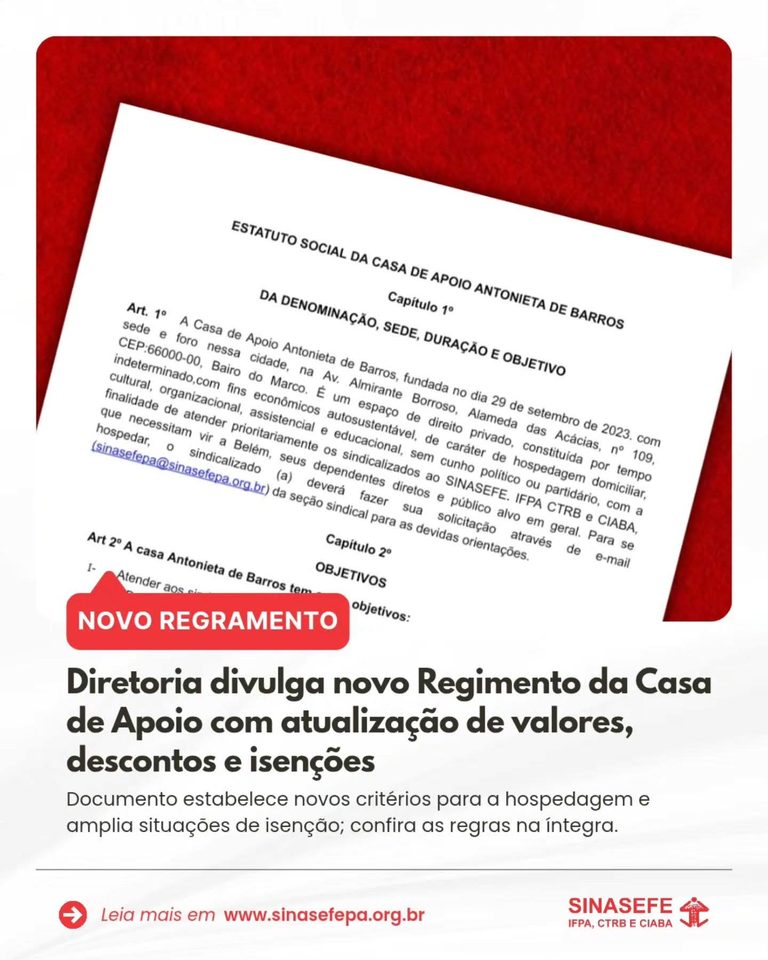 Diretoria divulga novo Regimento da Casa de Apoio com atualização de valores, descontos e isenções
